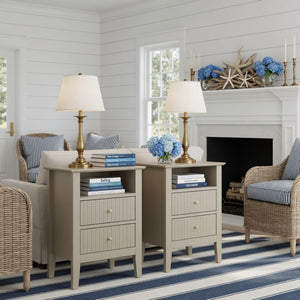 English Elm 18" Fluted Mdf Nightstand Pair with Soft-close Drawers Open Shelf Gold Knobs B082P514977