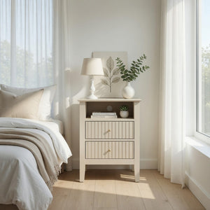 English Elm 18" Fluted Mdf Nightstand Pair with Soft-close Drawers Open Shelf Gold Knobs B082P514977