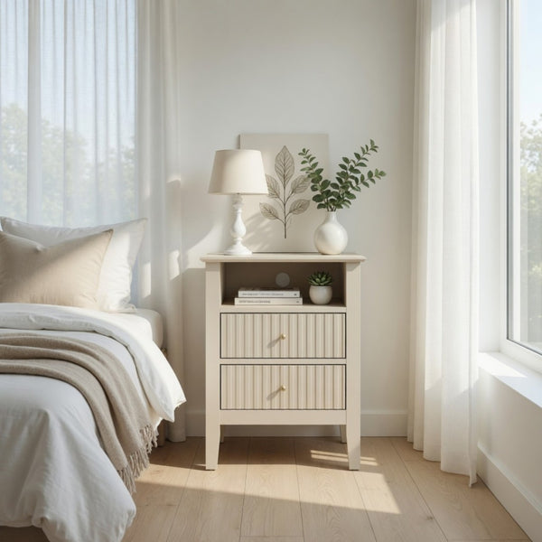 English Elm 18" Fluted Mdf Nightstand Pair with Soft-close Drawers Open Shelf Gold Knobs B082P514977
