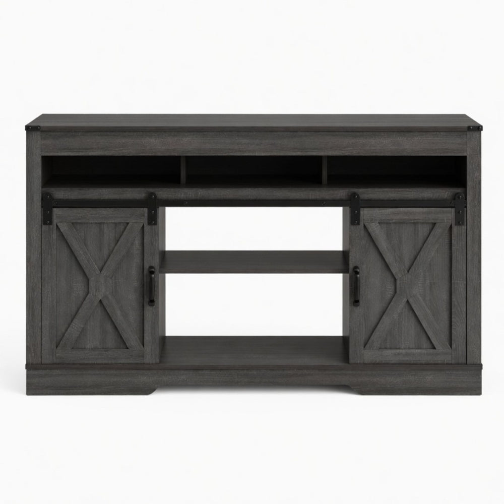 English Elm 58 Inch Farmhouse Entertainment Center with Sliding Barn Doors and Adjustable Media Storage B082P517241