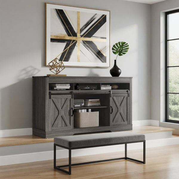 English Elm 58 Inch Farmhouse Entertainment Center with Sliding Barn Doors and Adjustable Media Storage B082P517241