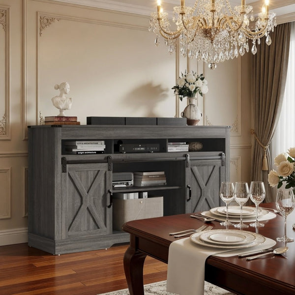English Elm 58 Inch Farmhouse Entertainment Center with Sliding Barn Doors and Adjustable Media Storage B082P517241