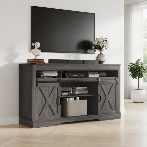 English Elm 58 Inch Farmhouse Entertainment Center with Sliding Barn Doors and Adjustable Media Storage B082P517241