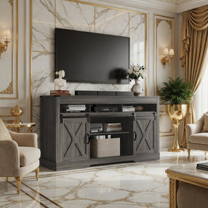 English Elm 58 Inch Farmhouse Entertainment Center with Sliding Barn Doors and Adjustable Media Storage B082P517241