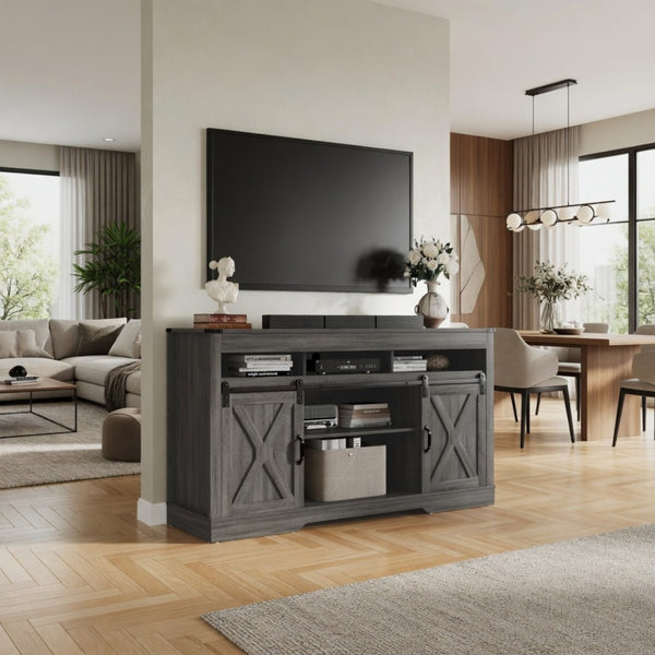 English Elm 58 Inch Farmhouse Entertainment Center with Sliding Barn Doors and Adjustable Media Storage B082P517241