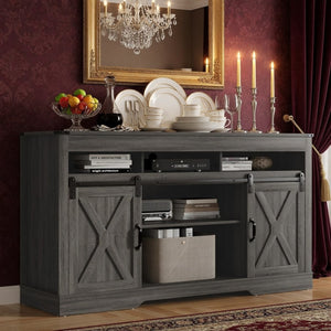 English Elm 58 Inch Farmhouse Entertainment Center with Sliding Barn Doors and Adjustable Media Storage B082P517241