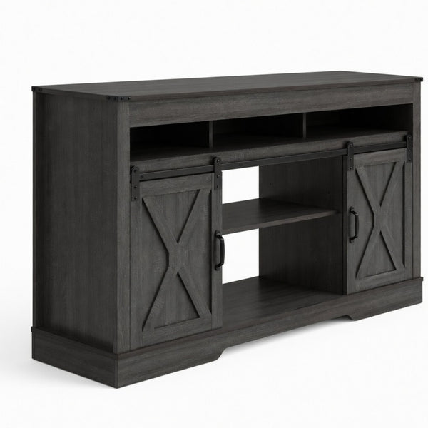 English Elm 58 Inch Farmhouse Entertainment Center with Sliding Barn Doors and Adjustable Media Storage B082P517241