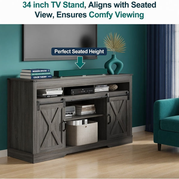 English Elm 58 Inch Farmhouse Entertainment Center with Sliding Barn Doors and Adjustable Media Storage B082P517241