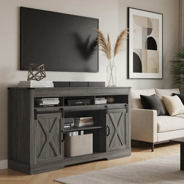 English Elm 58 Inch Farmhouse Entertainment Center with Sliding Barn Doors and Adjustable Media Storage B082P517241
