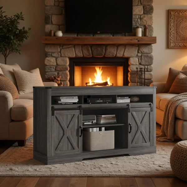 English Elm 58 Inch Farmhouse Entertainment Center with Sliding Barn Doors and Adjustable Media Storage B082P517241