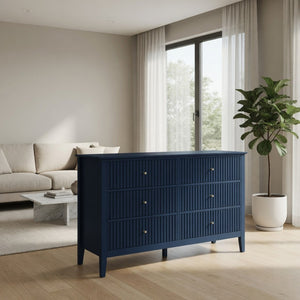 English Elm 47.2" Fluted Matte Six Drawer Dresser Modern Mdf Chest with Soft Close Storage Blue B082P517243