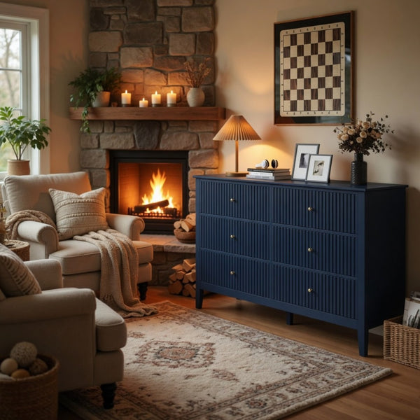 English Elm 47.2" Fluted Matte Six Drawer Dresser Modern Mdf Chest with Soft Close Storage Blue B082P517243