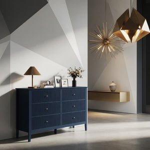 English Elm 47.2" Fluted Matte Six Drawer Dresser Modern Mdf Chest with Soft Close Storage Blue B082P517243