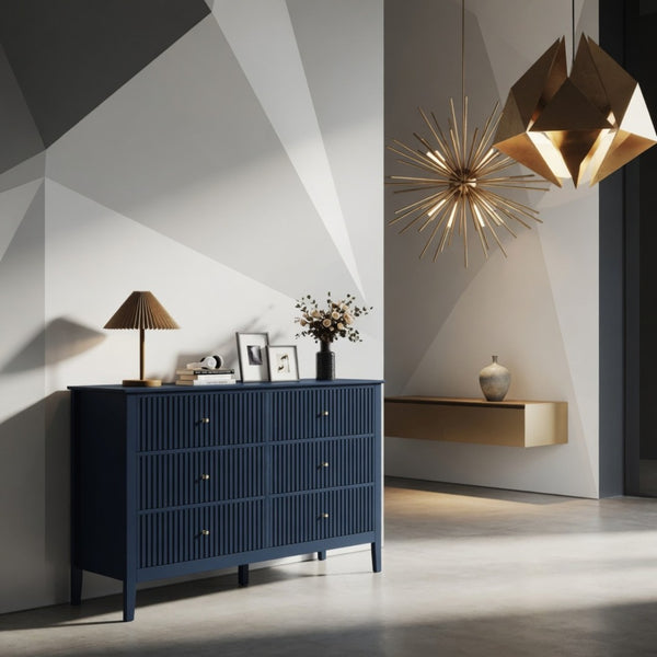 English Elm 47.2" Fluted Matte Six Drawer Dresser Modern Mdf Chest with Soft Close Storage Blue B082P517243