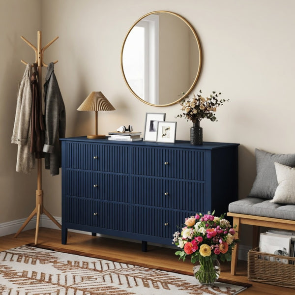 English Elm 47.2" Fluted Matte Six Drawer Dresser Modern Mdf Chest with Soft Close Storage Blue B082P517243