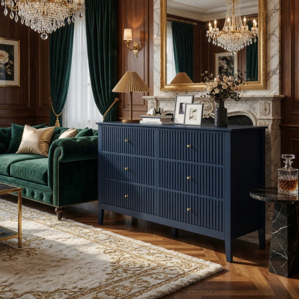 English Elm 47.2" Fluted Matte Six Drawer Dresser Modern Mdf Chest with Soft Close Storage Blue B082P517243