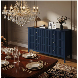 English Elm 47.2" Fluted Matte Six Drawer Dresser Modern Mdf Chest with Soft Close Storage Blue B082P517243