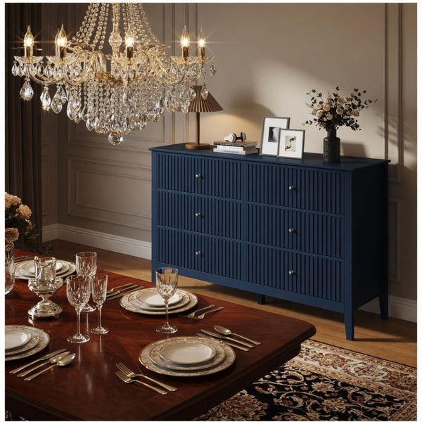 English Elm 47.2" Fluted Matte Six Drawer Dresser Modern Mdf Chest with Soft Close Storage Blue B082P517243
