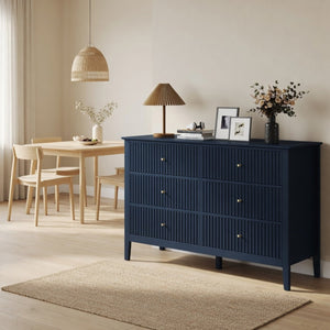 English Elm 47.2" Fluted Matte Six Drawer Dresser Modern Mdf Chest with Soft Close Storage Blue B082P517243