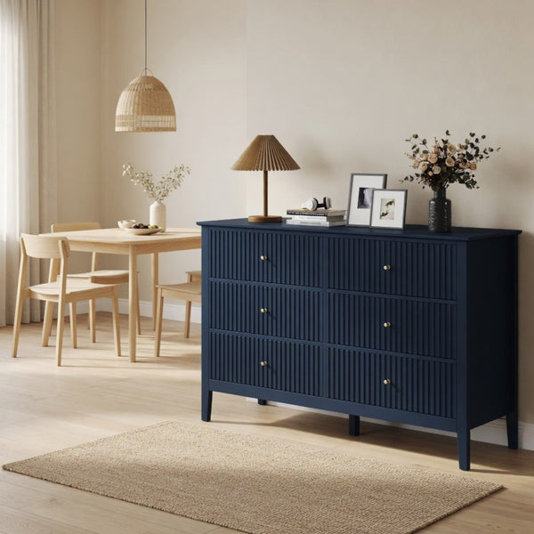 English Elm 47.2" Fluted Matte Six Drawer Dresser Modern Mdf Chest with Soft Close Storage Blue B082P517243