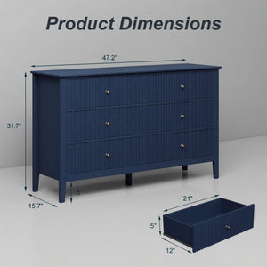 English Elm 47.2" Fluted Matte Six Drawer Dresser Modern Mdf Chest with Soft Close Storage Blue B082P517243