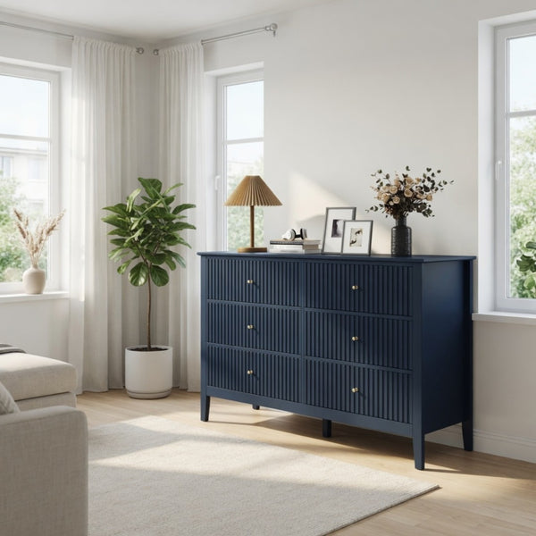 English Elm 47.2" Fluted Matte Six Drawer Dresser Modern Mdf Chest with Soft Close Storage Blue B082P517243