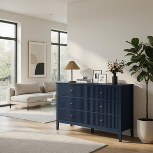 English Elm 47.2" Fluted Matte Six Drawer Dresser Modern Mdf Chest with Soft Close Storage Blue B082P517243