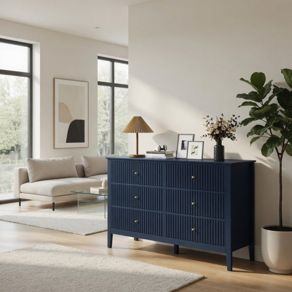 English Elm 47.2" Fluted Matte Six Drawer Dresser Modern Mdf Chest with Soft Close Storage Blue B082P517243