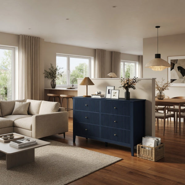 English Elm 47.2" Fluted Matte Six Drawer Dresser Modern Mdf Chest with Soft Close Storage Blue B082P517243