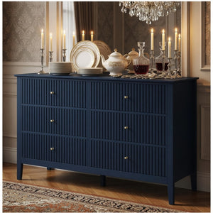 English Elm 47.2" Fluted Matte Six Drawer Dresser Modern Mdf Chest with Soft Close Storage Blue B082P517243