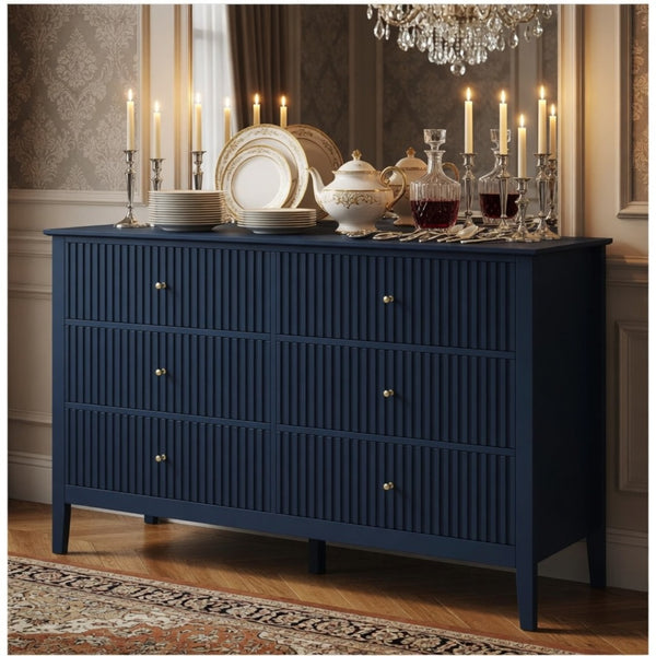 English Elm 47.2" Fluted Matte Six Drawer Dresser Modern Mdf Chest with Soft Close Storage Blue B082P517243