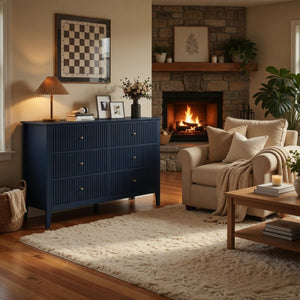 English Elm 47.2" Fluted Matte Six Drawer Dresser Modern Mdf Chest with Soft Close Storage Blue B082P517243
