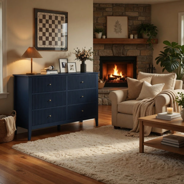 English Elm 47.2" Fluted Matte Six Drawer Dresser Modern Mdf Chest with Soft Close Storage Blue B082P517243