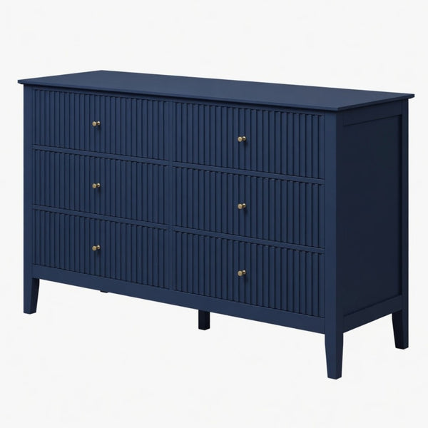 English Elm 47.2" Fluted Matte Six Drawer Dresser Modern Mdf Chest with Soft Close Storage Blue B082P517243