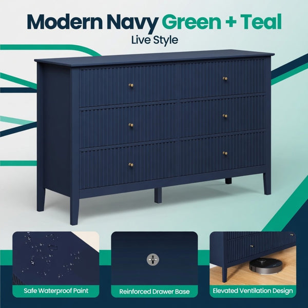 English Elm 47.2" Fluted Matte Six Drawer Dresser Modern Mdf Chest with Soft Close Storage Blue B082P517243