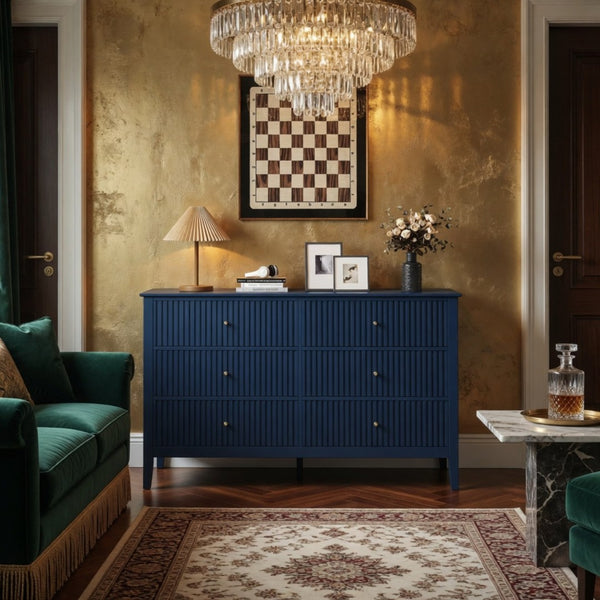 English Elm 47.2" Fluted Matte Six Drawer Dresser Modern Mdf Chest with Soft Close Storage Blue B082P517243