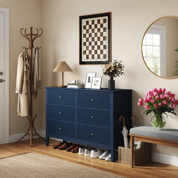 English Elm 47.2" Fluted Matte Six Drawer Dresser Modern Mdf Chest with Soft Close Storage Blue B082P517243