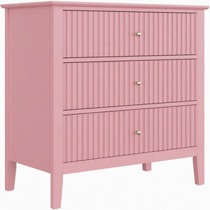 English Elm 32" Wide Fluted Blush Nightstand with Three Soft-close Drawers and Gold Knob Hardware Pink B082P517244