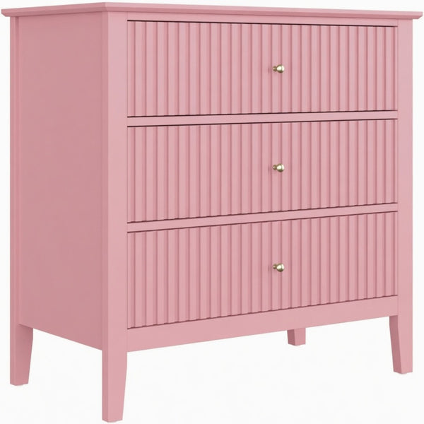 English Elm 32" Wide Fluted Blush Nightstand with Three Soft-close Drawers and Gold Knob Hardware Pink B082P517244