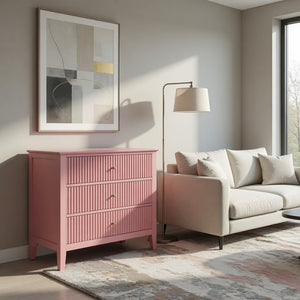 English Elm 32" Wide Fluted Blush Nightstand with Three Soft-close Drawers and Gold Knob Hardware Pink B082P517244