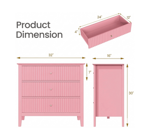 English Elm 32" Wide Fluted Blush Nightstand with Three Soft-close Drawers and Gold Knob Hardware Pink B082P517244