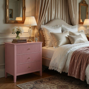 English Elm 32" Wide Fluted Blush Nightstand with Three Soft-close Drawers and Gold Knob Hardware Pink B082P517244