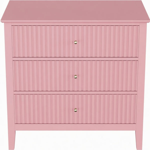 English Elm 32" Wide Fluted Blush Nightstand with Three Soft-close Drawers and Gold Knob Hardware Pink B082P517244