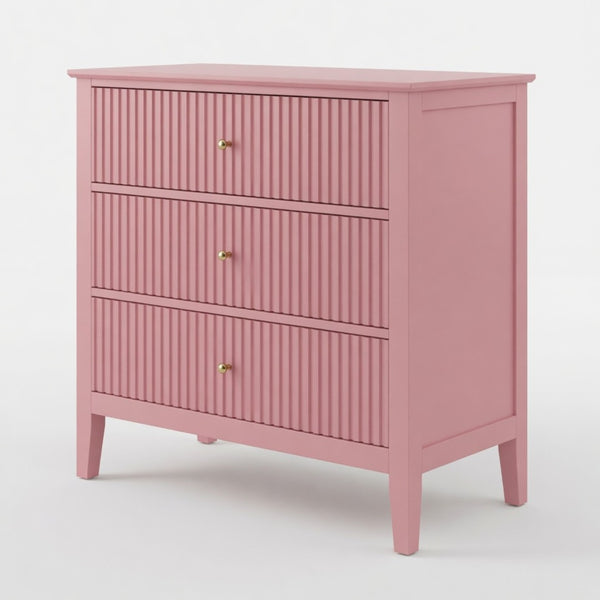 English Elm 32" Wide Fluted Blush Nightstand with Three Soft-close Drawers and Gold Knob Hardware Pink B082P517244