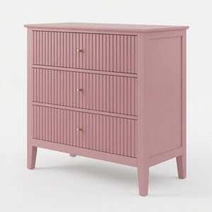 English Elm 32" Wide Fluted Blush Nightstand with Three Soft-close Drawers and Gold Knob Hardware Pink B082P517244