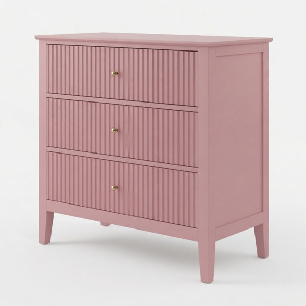 English Elm 32" Wide Fluted Blush Nightstand with Three Soft-close Drawers and Gold Knob Hardware Pink B082P517244