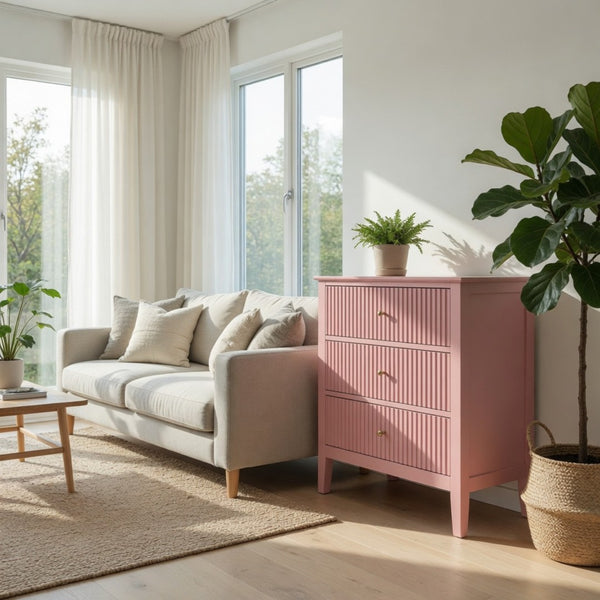 English Elm 32" Wide Fluted Blush Nightstand with Three Soft-close Drawers and Gold Knob Hardware Pink B082P517244