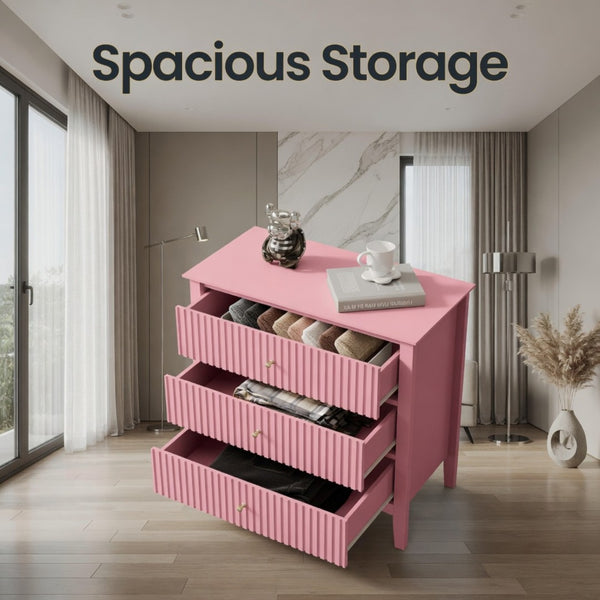 English Elm 32" Wide Fluted Blush Nightstand with Three Soft-close Drawers and Gold Knob Hardware Pink B082P517244