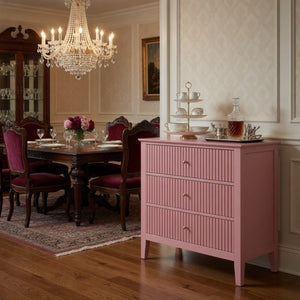English Elm 32" Wide Fluted Blush Nightstand with Three Soft-close Drawers and Gold Knob Hardware Pink B082P517244
