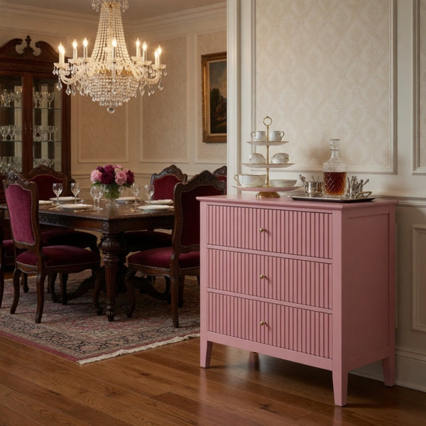 English Elm 32" Wide Fluted Blush Nightstand with Three Soft-close Drawers and Gold Knob Hardware Pink B082P517244